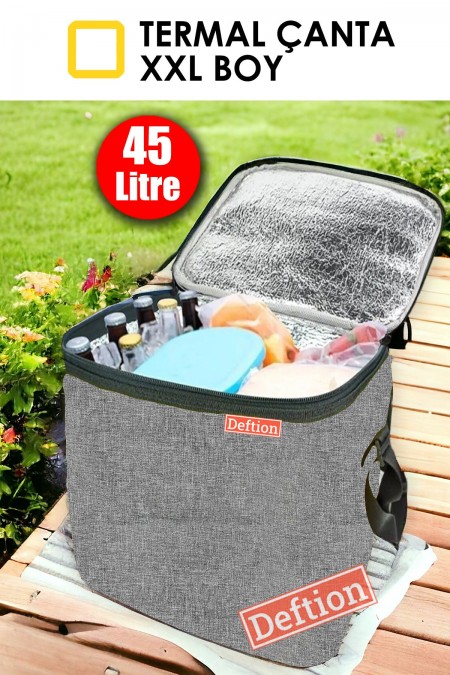 45 Litre Termoslu Kamp Piknik Ve Plaj Çantası Termal Isı Yalıtımlı Keten Sıcaktan Koruyan Çanta Gri