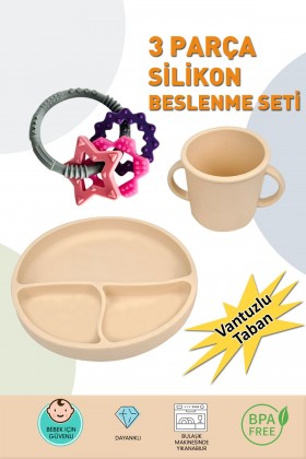 3'lü Silikon Bebek Beslenme Seti Vakumlu Tabak Bardak Pembe Dişlik Diş Kaşıyıcı Tabağı Bardağı