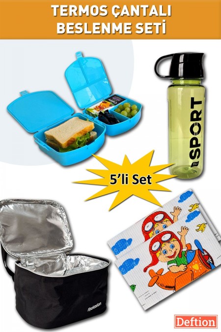 5'li Erkek Çocuk Okul Beslenme Çantası Seti Kutusu Suluğu Matarası Örtüsü Termoslu Termal