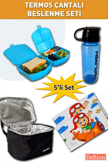 5'li Erkek Çocuk Okul Beslenme Çantası Seti Kutusu Suluğu Matarası Örtüsü Termoslu Termal
