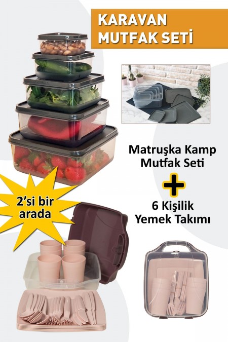 Karavan Mutfak Malzemeleri Seti 6 Kişilik Yemek Seti Ve 5'li Çok Amaçlı Kamp Saklama Kabı Takımı