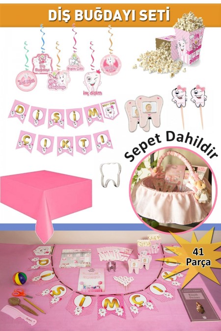Premium Diş Buğdayı Tam Parti Seti Pembe Ayıcıklı Sepetli Kız Bebek Için