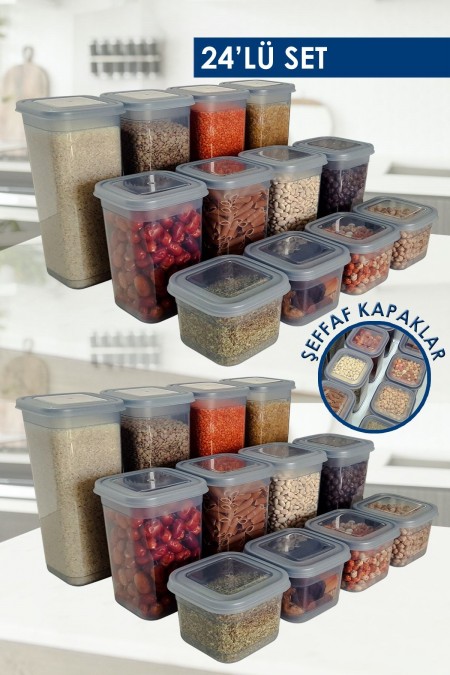 Kare 24'lü Erzak Saklama Kabı Seti Plastik Kutusu Mutfak Düzenleme Un Bakliyat Kapları Food Storage