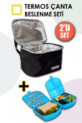 Premium Erkek Çocuk Beslenme Çantası Termal Termos Termoslu Çanta Ve 4 Bölmeli Yemek Kutusu Mavi