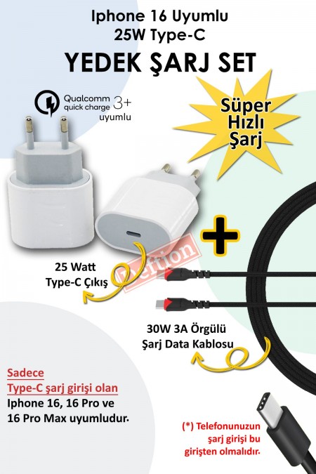 Iphone 16 Uyumlu Type-C 25W QC3.0 Yedek Şarj Cihazı Aleti ve 30W 3A Örgülü Şarj Data Kablosu Ev Set