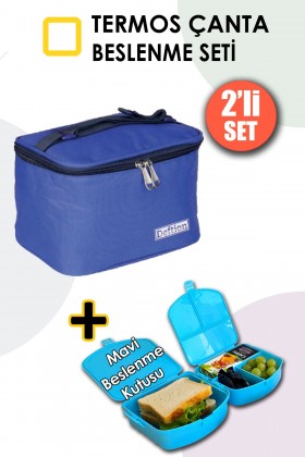 Premium Mavi Erkek Çocuk Beslenme Çantası Termal Termos Termoslu Çanta Ve 4 Bölmeli Yemek Kutusu