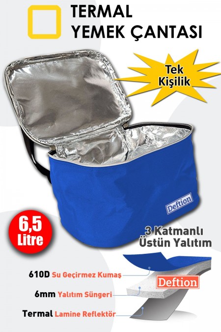 6,5lt Termal Yemek Taşıma Çantası Askılı Ve Tutacaklı Termoslu Sıcak Soğuk Kamp Beslenme Çanta Mavi