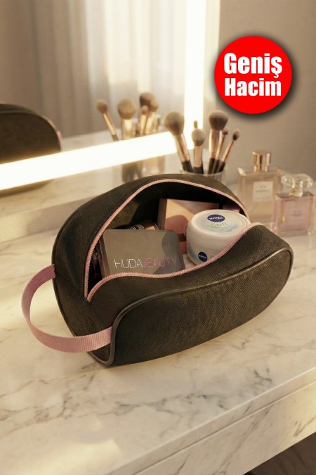 Siyah İstiridye Büyük Makyaj Çantası Pudra Taşıma Saplı ve Fermuarlı