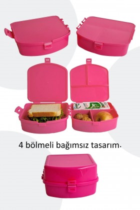 4 Bölmeli Pembe Ayrılabilir Kapaklı Kız Çocuk Ana Okulu İlkokul İlk Okul Beslenme Kutusu