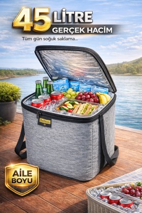45 Litre Termoslu Kamp Piknik Ve Plaj Çantası Termal Isı Yalıtımlı Keten Sıcaktan Koruyan Çanta Gri