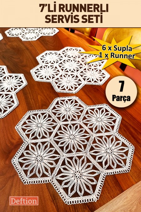 7'li Güpür Sofra Servis Sunum Seti Dantel Supla Ve Runner Şömen Yemek Masası Tabak Altlığı Fiskos