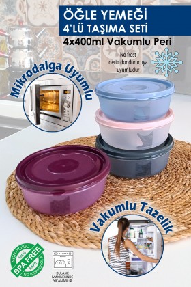 4'lü Öğle Yemeği Taşıma Kabı Seti Mikrodalga Uyumlu Vakumlu Yeni Nesil Sefer Tası Lunchbox